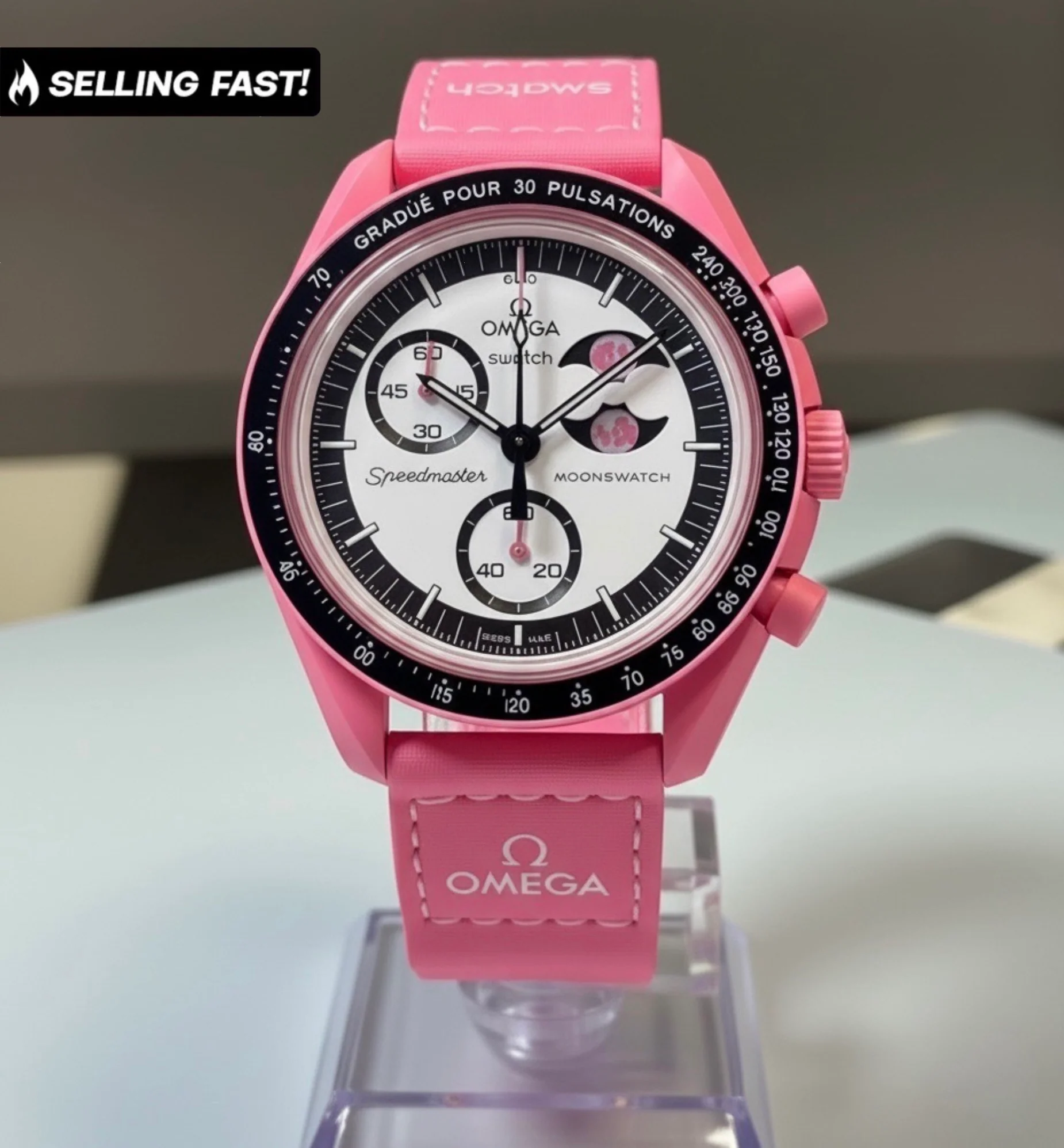 Omega Moonswatch Mission to the Moon, Omega x Swatch Pink Moon W/General Leather Box